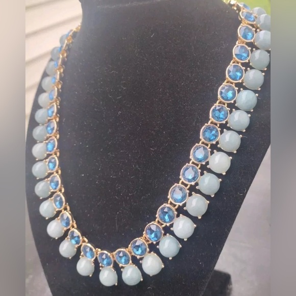 WHBM Gold Blue Double Row Statement Necklace | Genuine Jade & Glass Beads - Picture 3 of 6